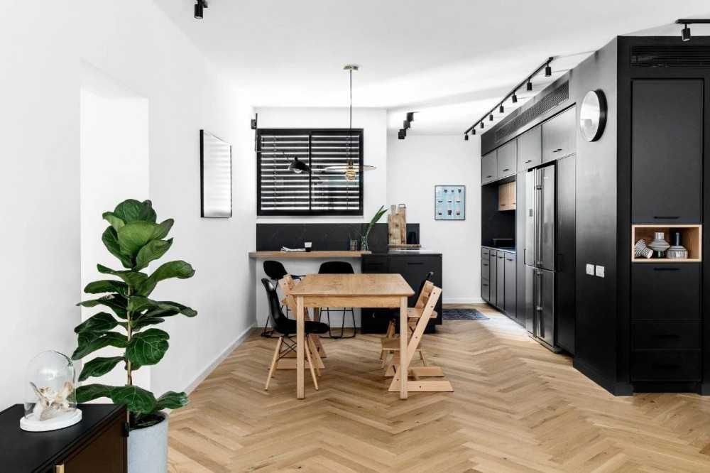 Contemporary Kitchen with Countertop and Herringbone Tiling