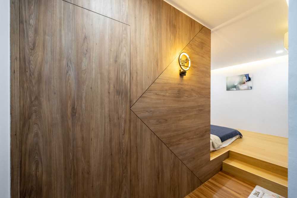 Contemporary Bedroom with Platform Bed and Wood Flooring