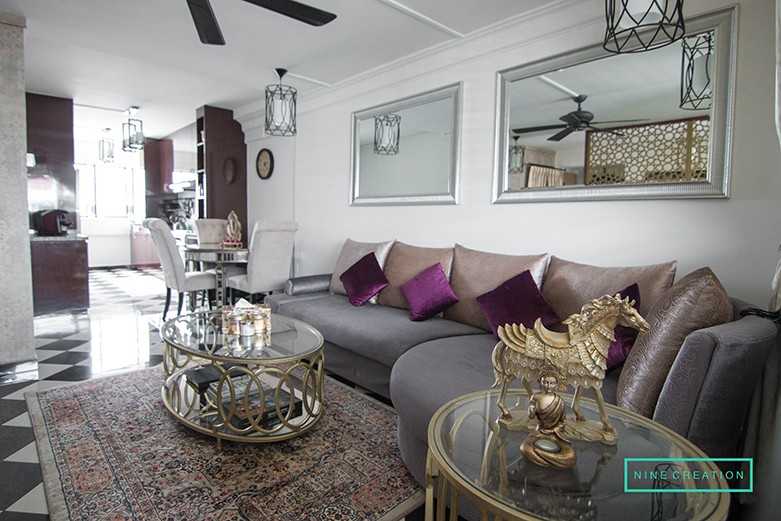 Eclectic Living Room with Homogeneous Tiles and Feature Wall