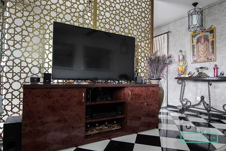 Eclectic Living Room with TV Console and Drop Ceiling