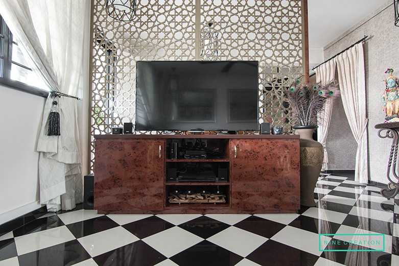Eclectic Living Room with Homogeneous Tiles and TV Console