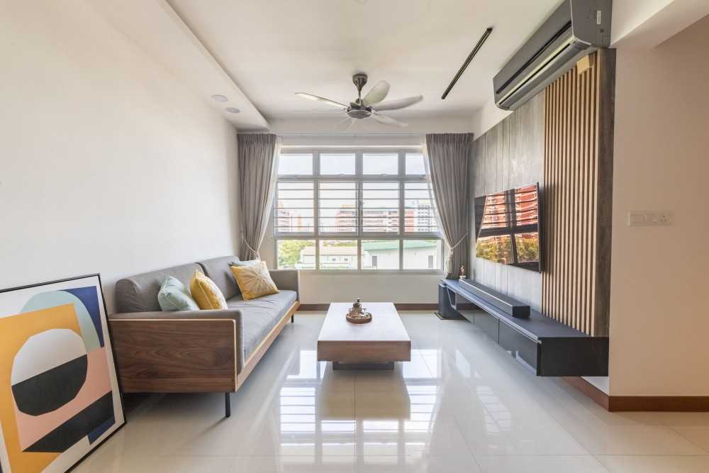 Eclectic Living Room with Marble Floor and TV Console