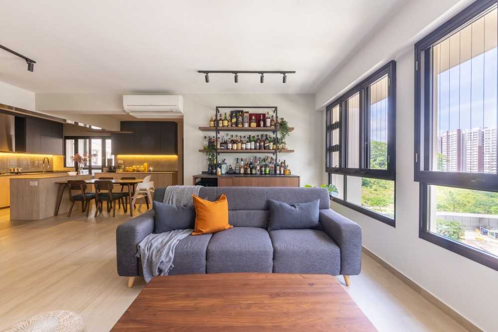Modern Living Room with Bookshelf and Vinyl Flooring