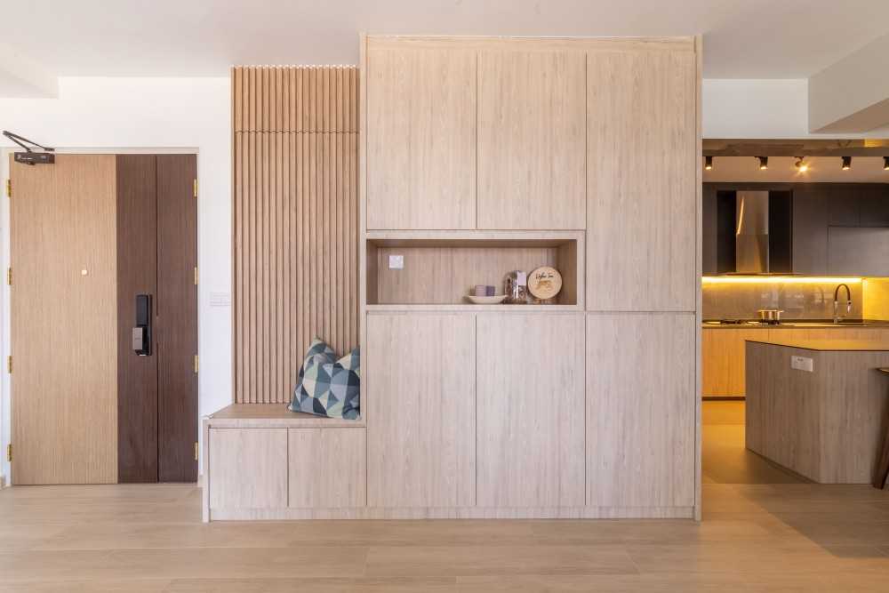Modern Hallway with Bookshelf and Artwork