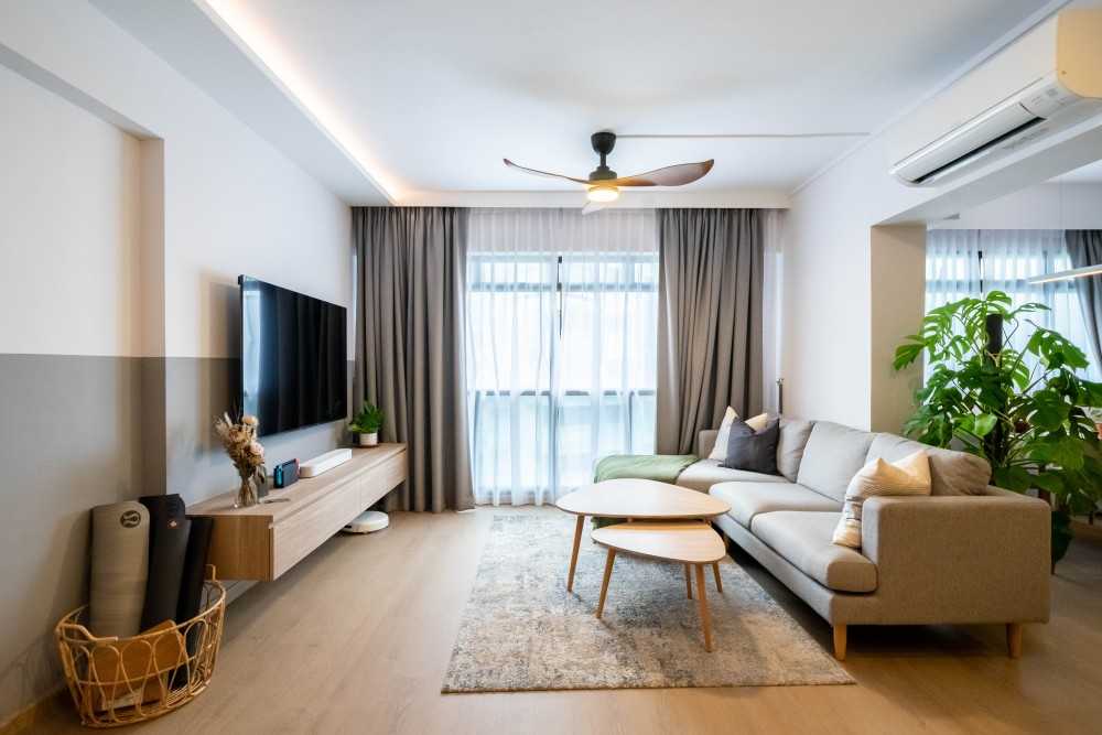 Scandinavian Living Room with TV Console and Feature Wall