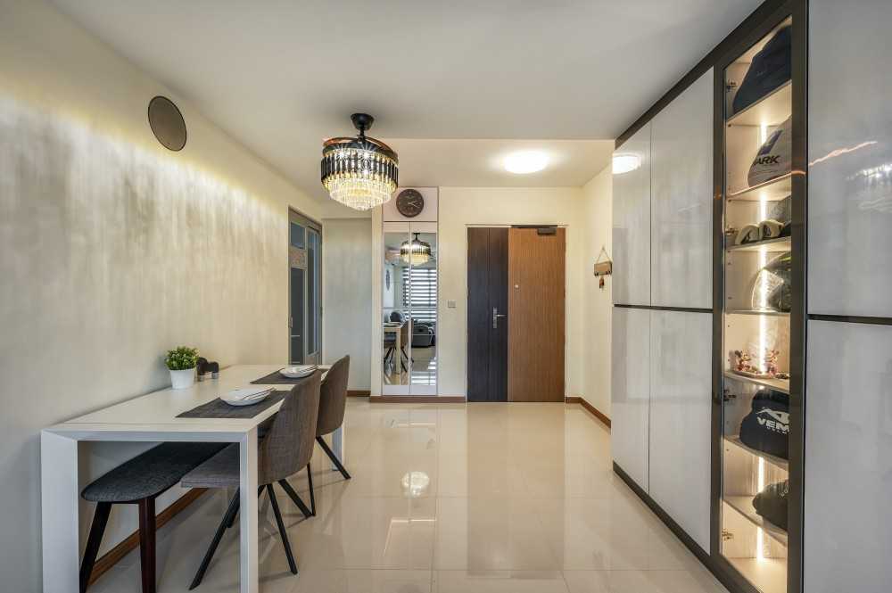 Contemporary Dining Room with Drop Ceiling and Chandelier