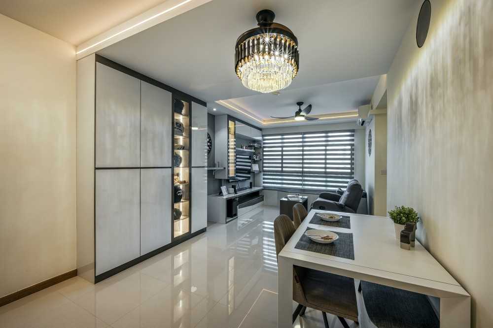 Contemporary Living Room with Homogeneous Tiles and TV Console