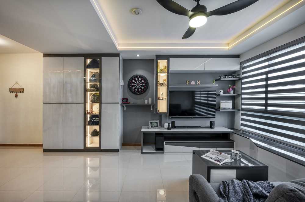 Contemporary Living Room with Homogeneous Tiles and TV Console