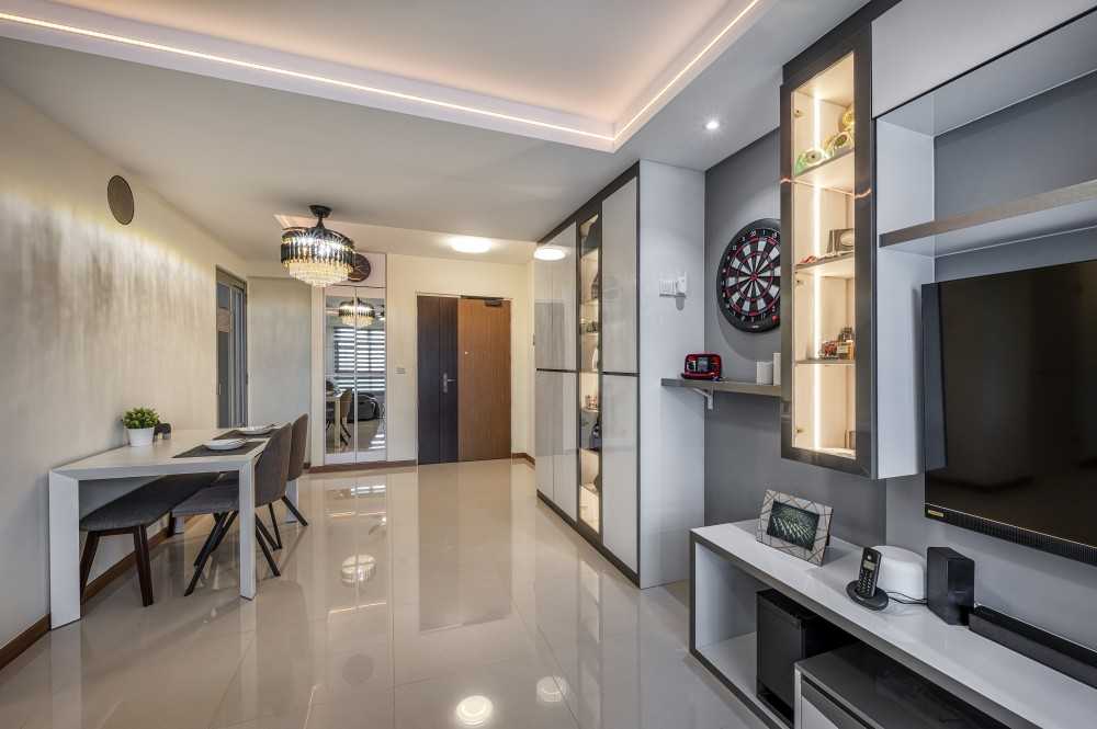 Contemporary Living Room with Homogeneous Tiles and TV Console