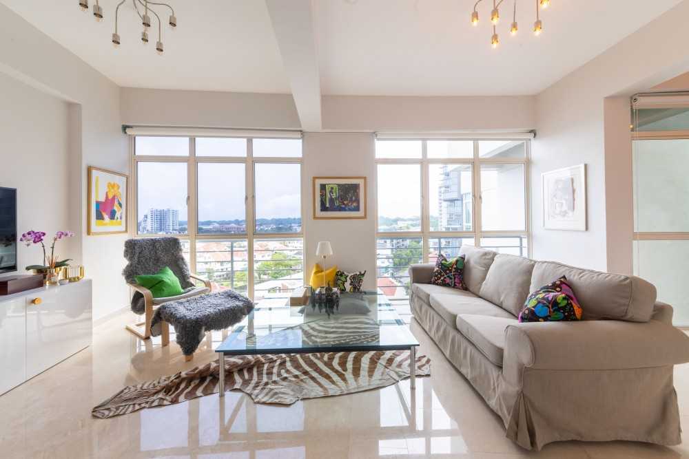 Contemporary Living Room with Marble Floor and Chandelier