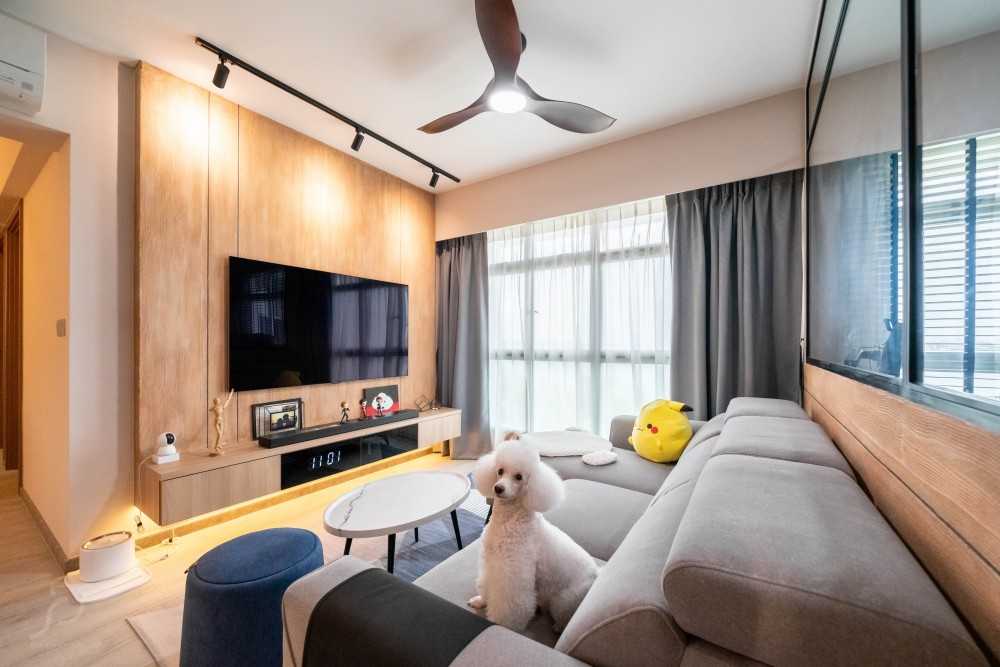 Scandinavian Living Room with TV Console and Feature Wall