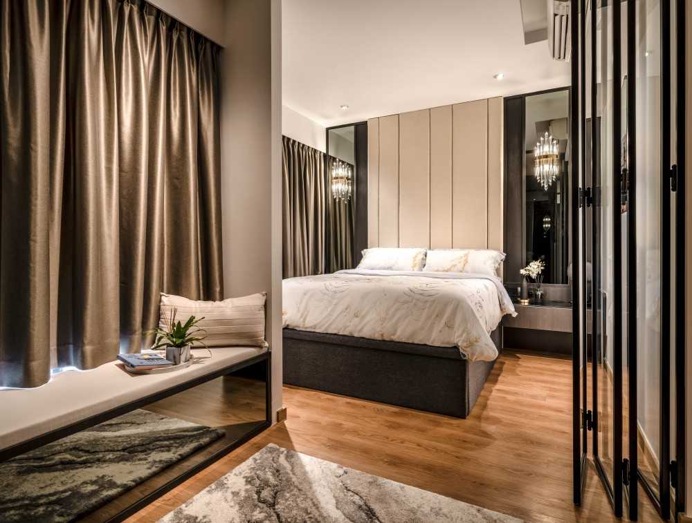 Contemporary Bedroom with Wood Flooring and Bedside Table