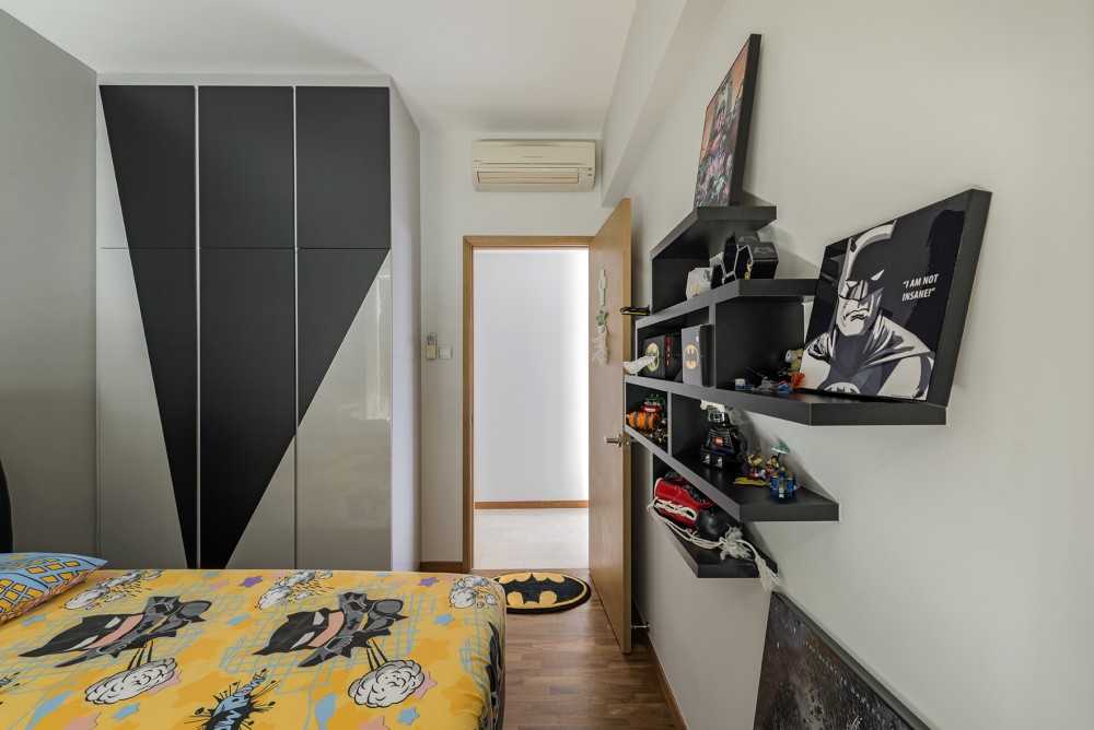 Modern Bedroom with Bookshelf and Parquet Floor