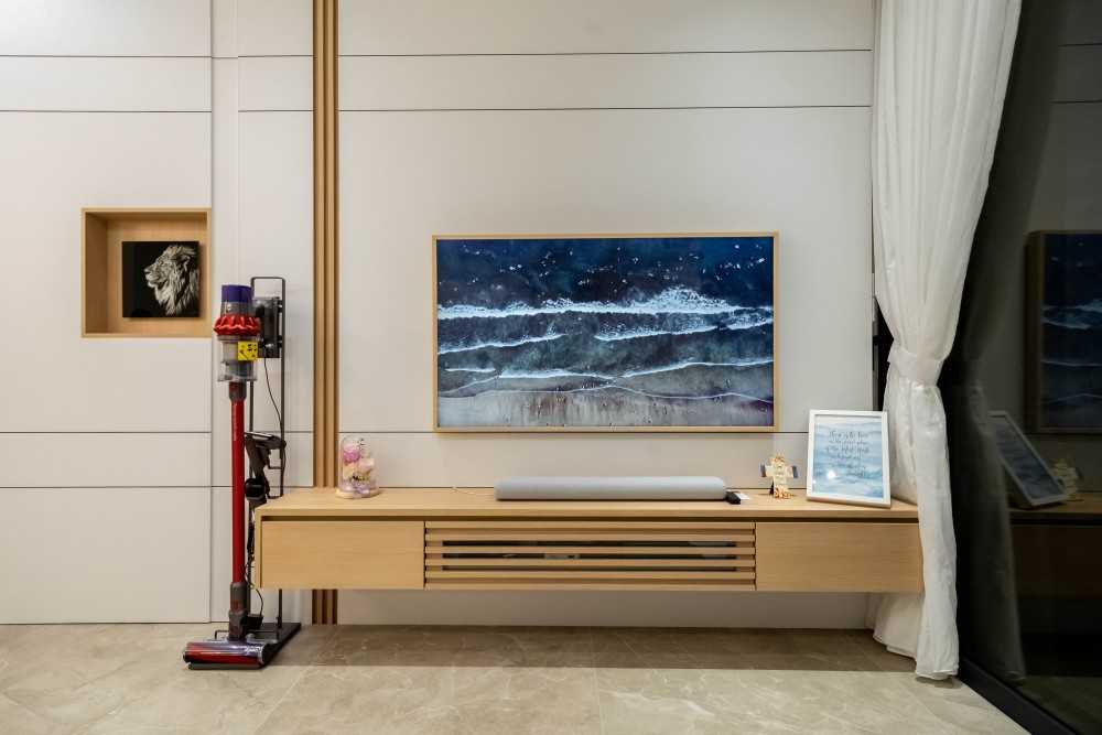 Scandinavian Living Room with Marble Floor and TV Console