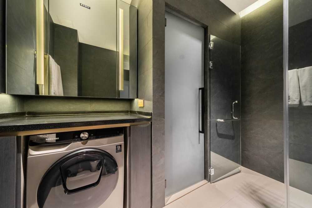 Contemporary Bathroom with Wood Flooring and Mirror