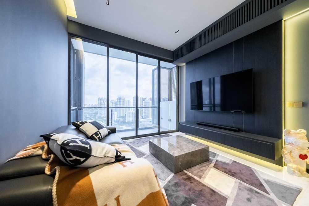 Contemporary Living Room with TV Console and Feature Wall