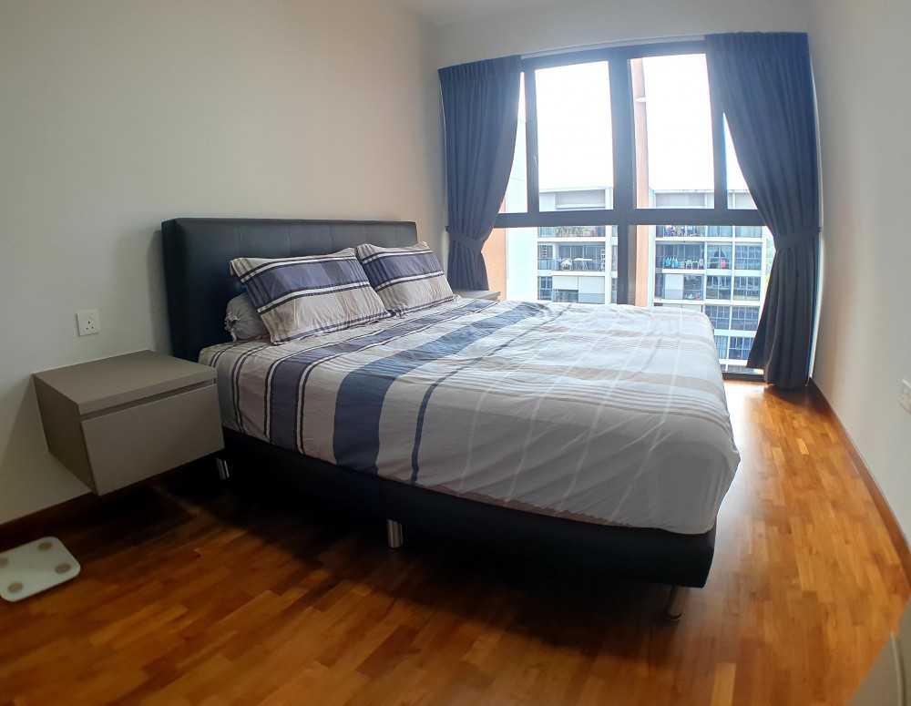 Modern Bedroom with Parquet Floor and Bedside Table