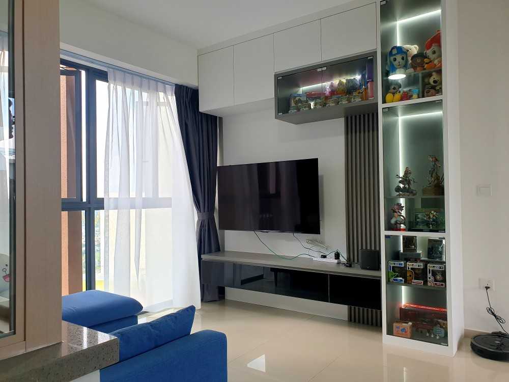 Modern Living Room with Homogeneous Tiles and TV Console