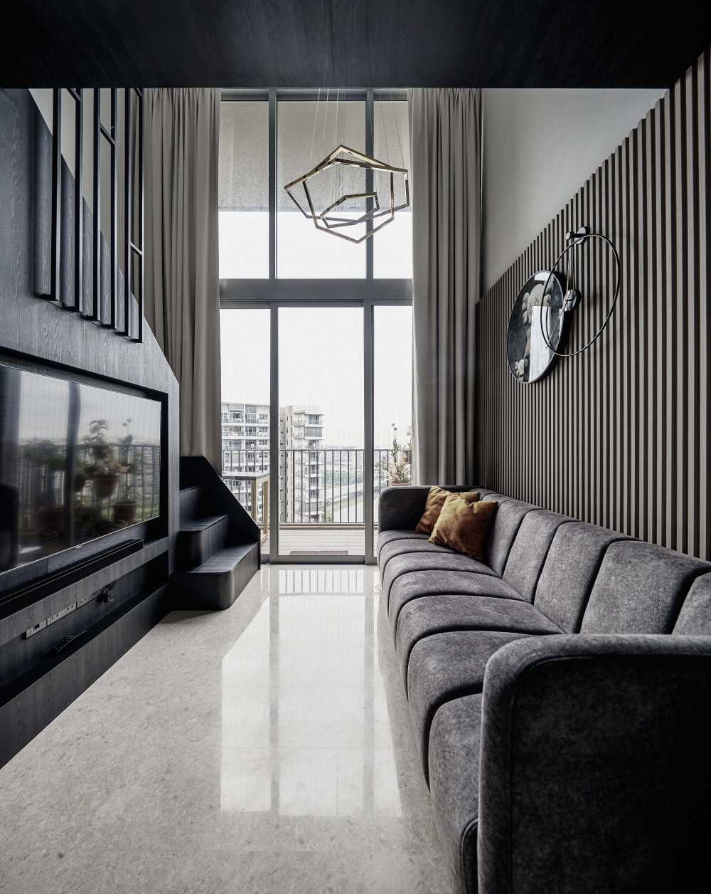 Contemporary Living Room with Marble Floor and TV Console