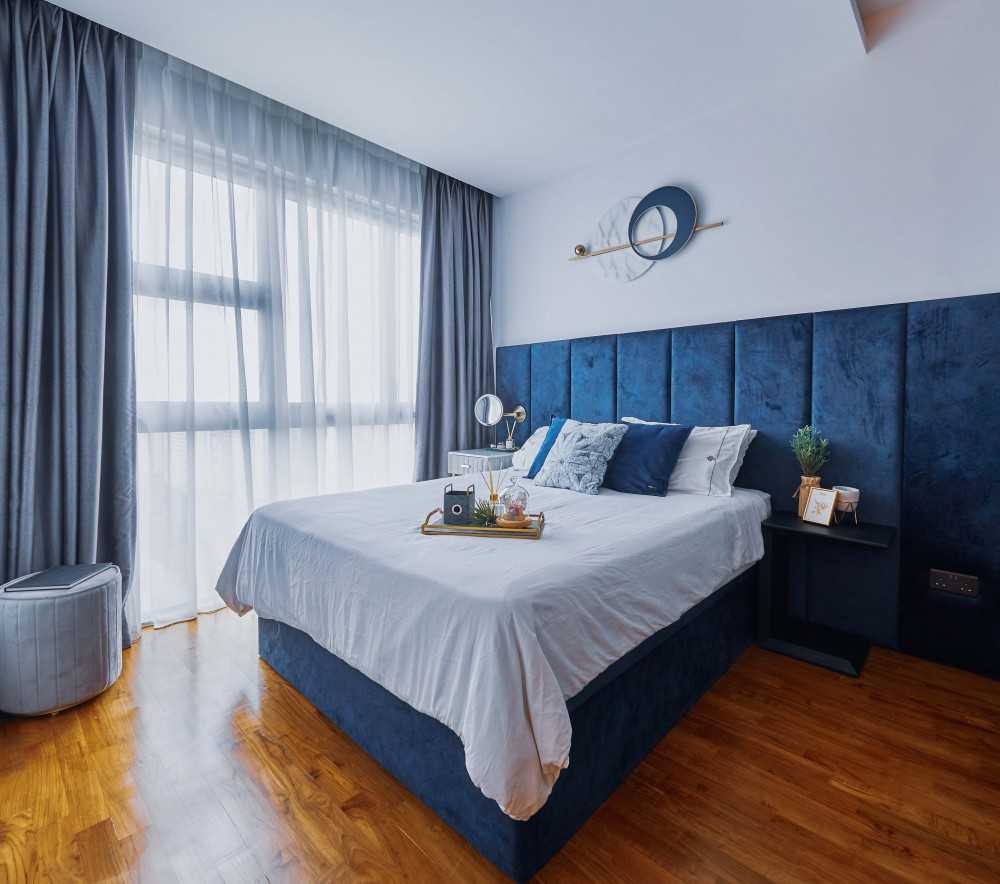 Contemporary Bedroom with Parquet Floor and Bedside Table