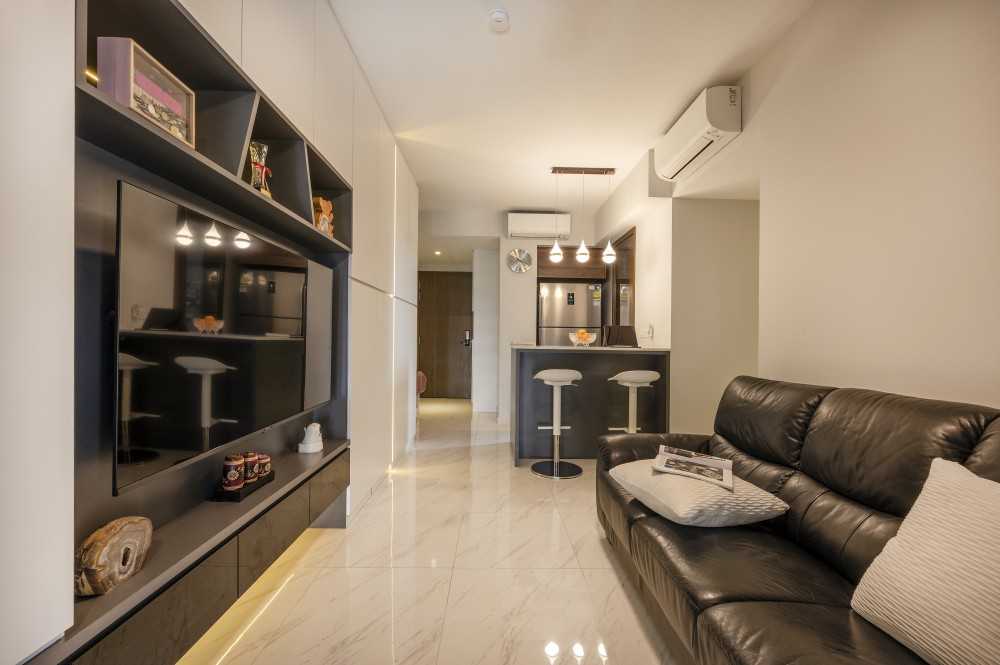Modern Living Room with Homogeneous Tiles and TV Console