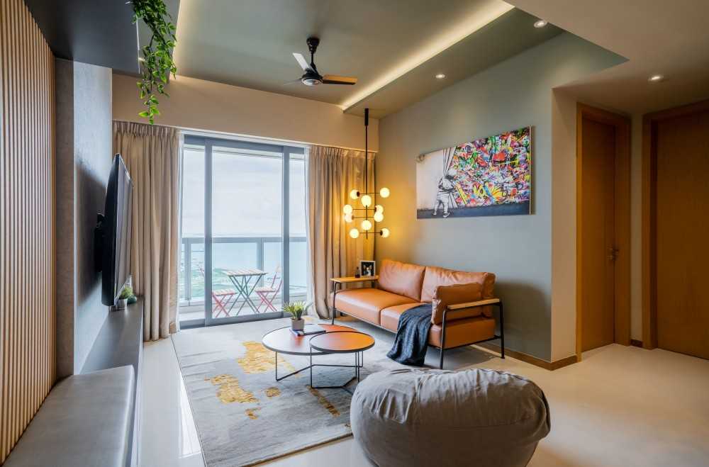 Modern Living Room with Drop Light and Bay Window
