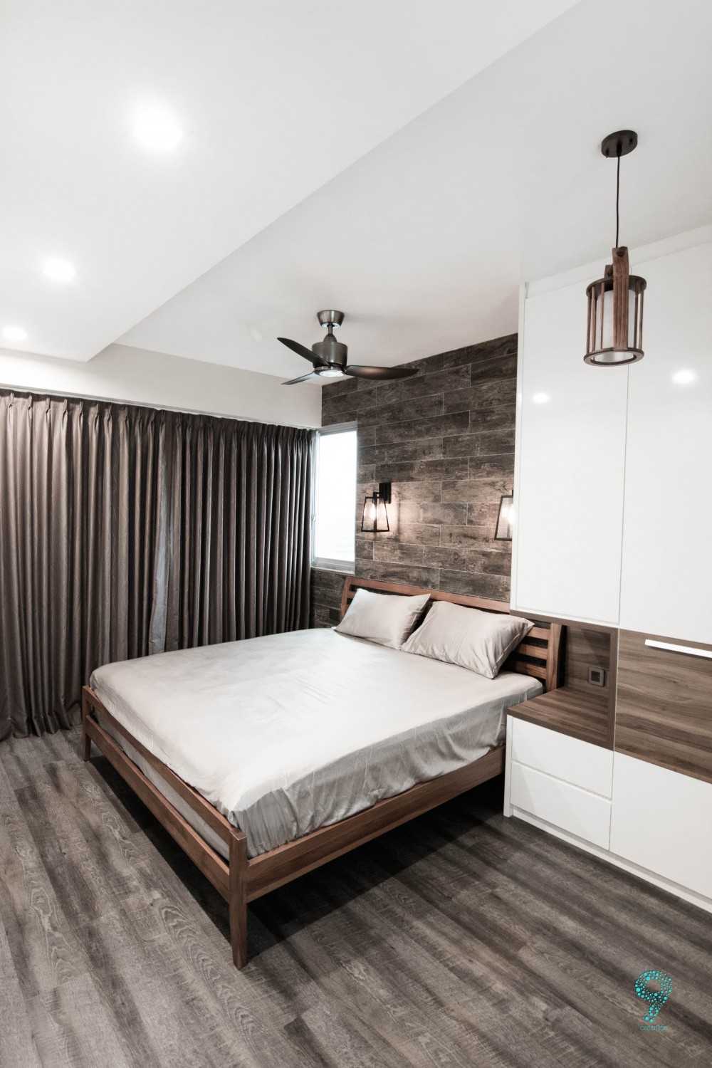 Scandinavian Bedroom with Wood Flooring and Drop Ceiling