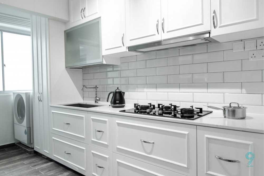Scandinavian Kitchen with Countertop and Kitchen Backsplash