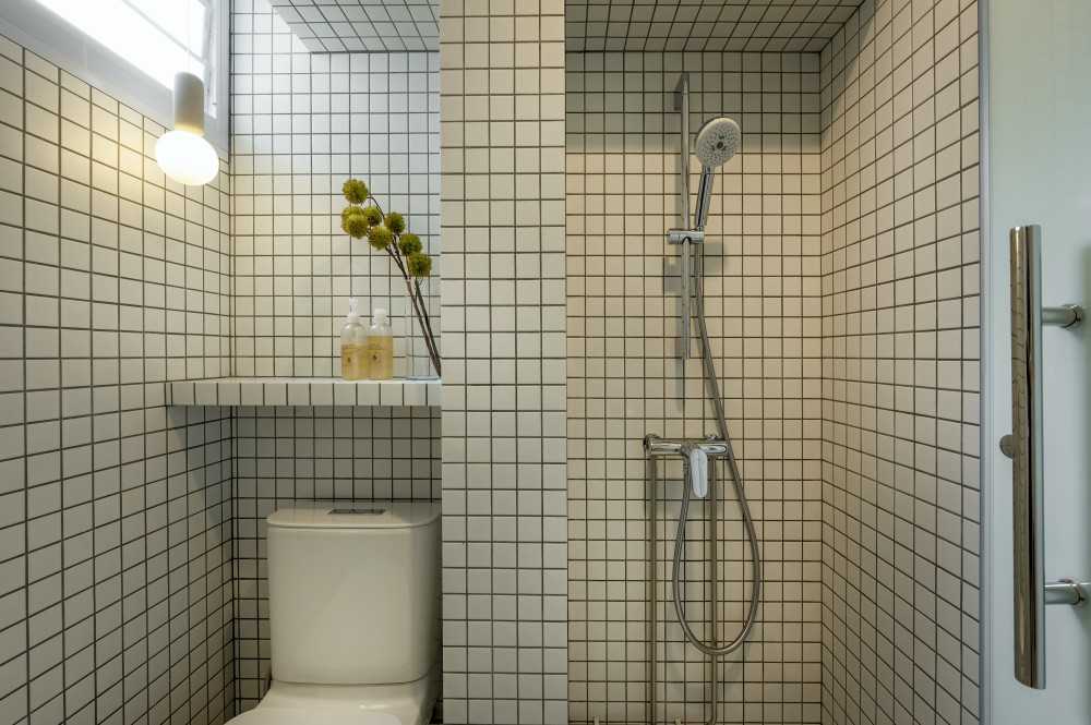 Eclectic Bathroom with Mosaic and Wall Shelves