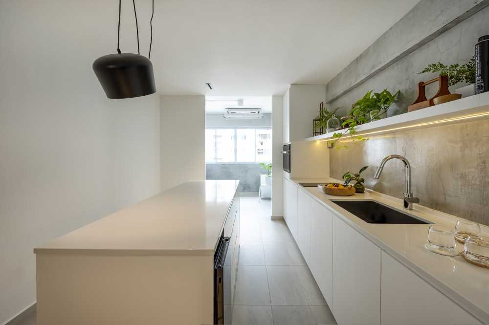 Eclectic Kitchen with Countertop and Herringbone Tiling