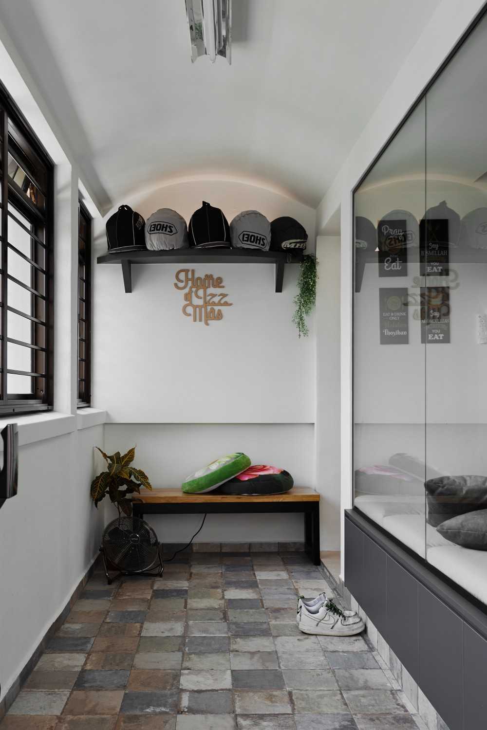 Industrial Entryway with Seating Bench and Lighting