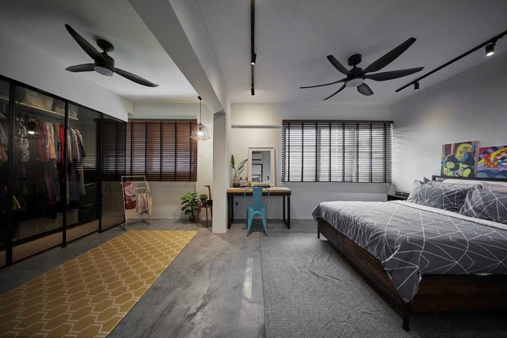 Industrial Bedroom with Cement Floor and Bedside Table