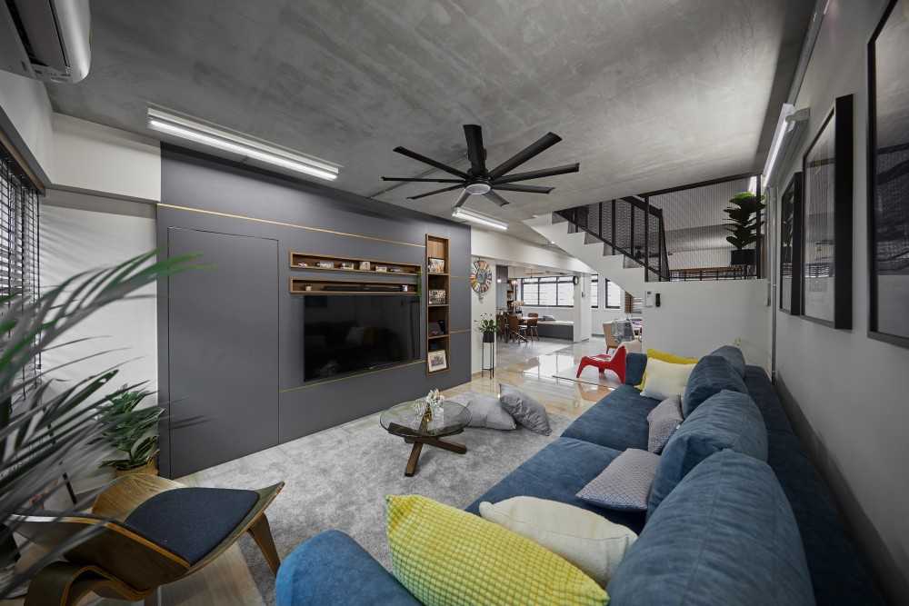 Industrial Living Room with TV Console and Ceiling Light