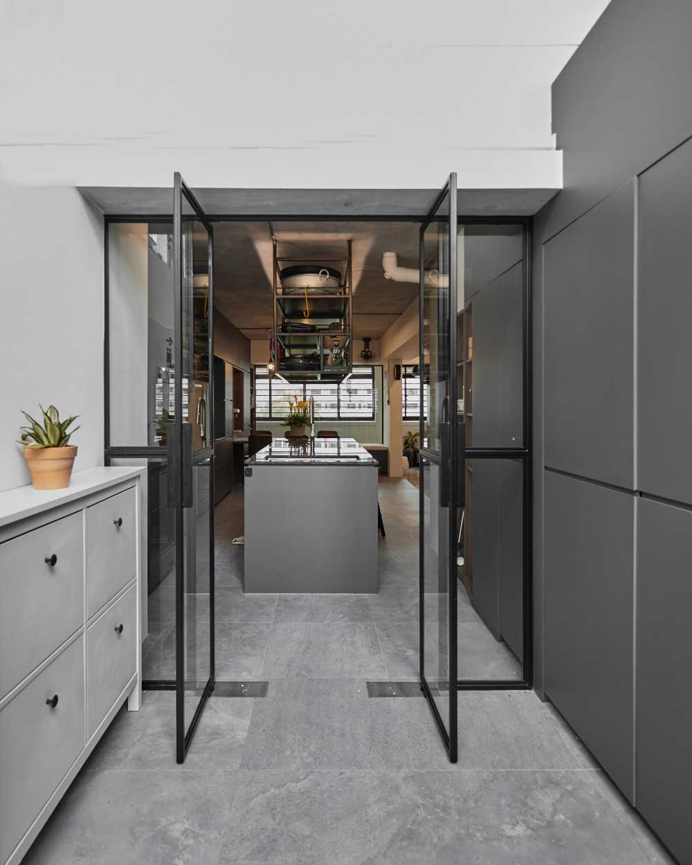 Industrial Kitchen with Cupboard and Open Kitchen