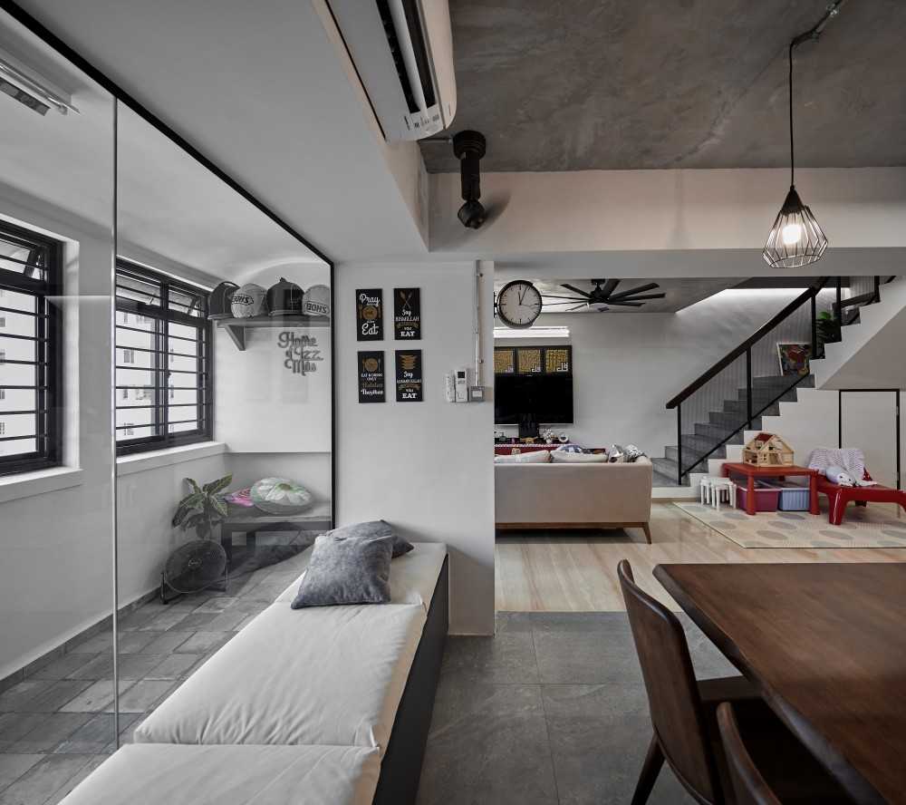Industrial Living Room with Bay Window and Sofa