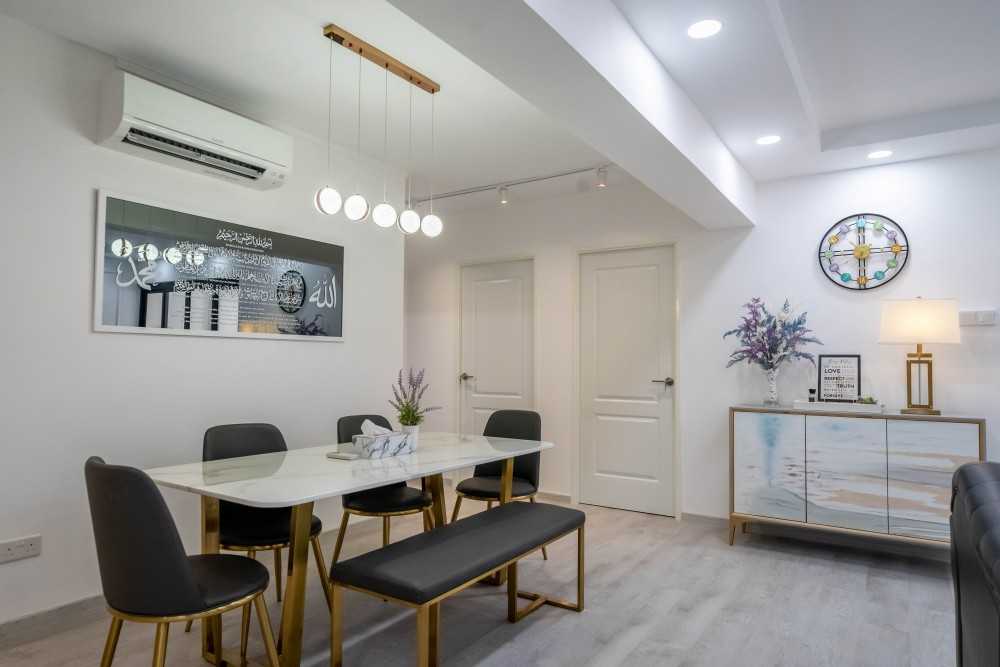 Minimalist Dining Room with Drop Light and Ceiling Light