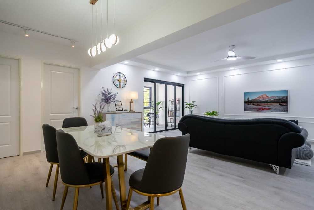 Minimalist Dining Room with Drop Light and Downlights