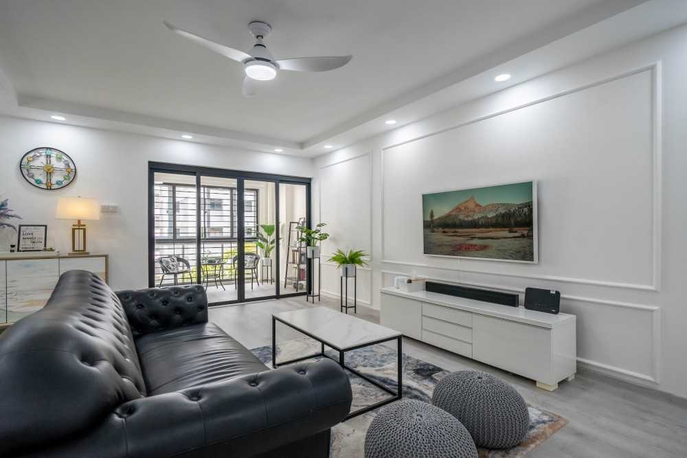 Minimalist Living Room with TV Console and Drop Ceiling