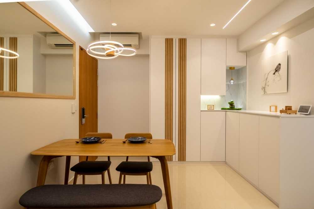 Scandinavian Dining Room with Drop Light and Dining Table