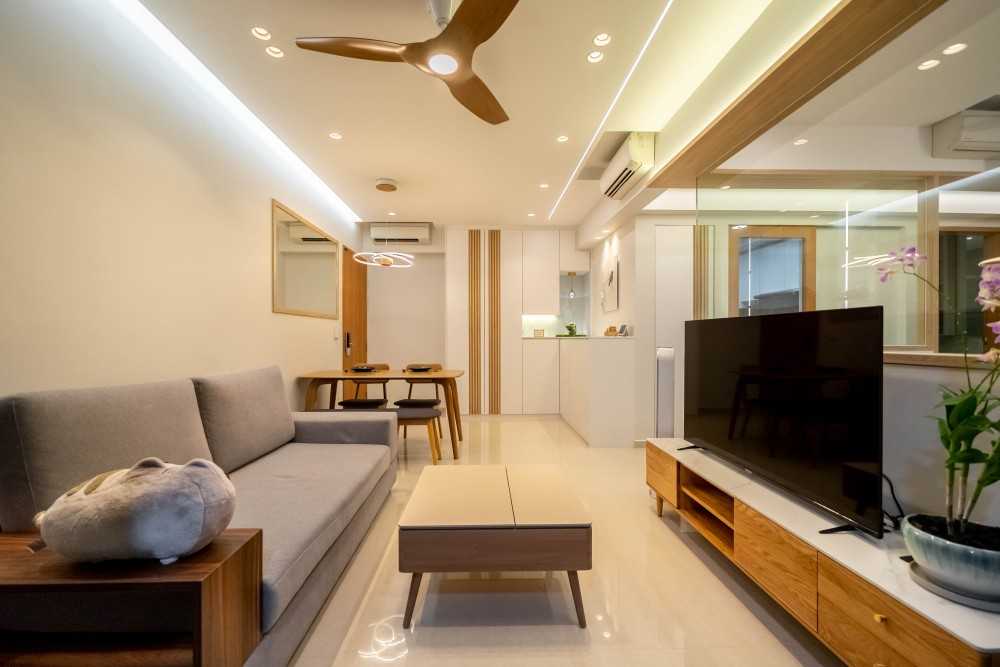 Scandinavian Living Room with TV Console and Feature Wall