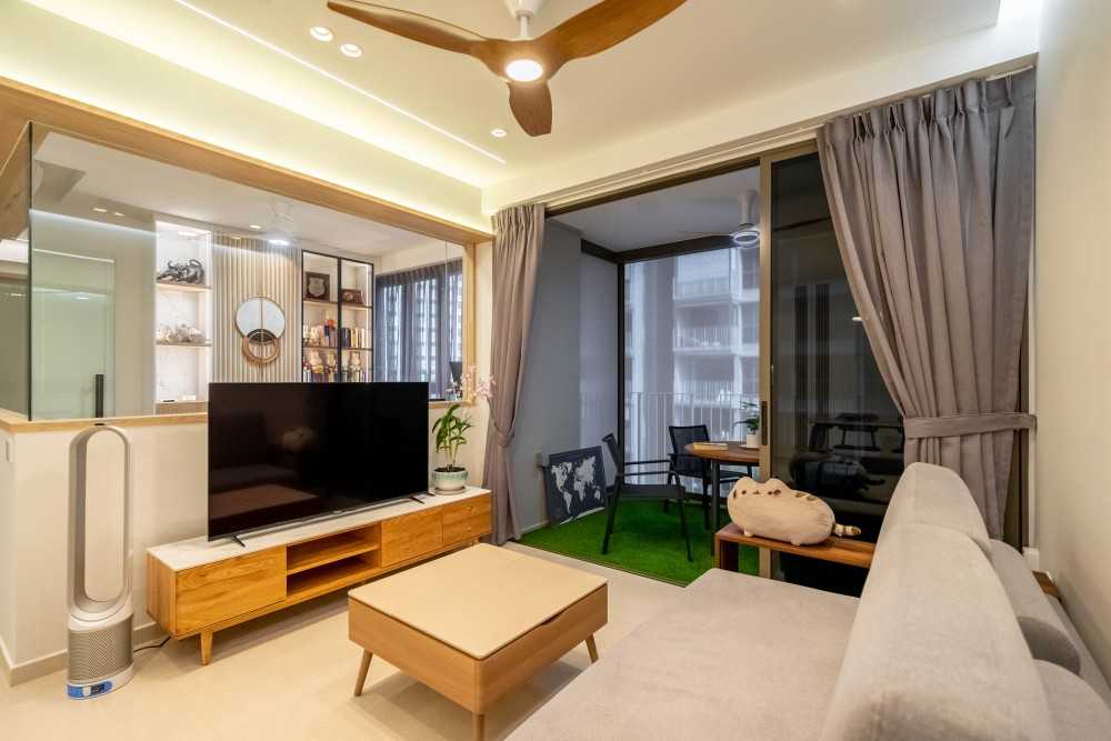 Scandinavian Living Room with TV Console and Feature Wall