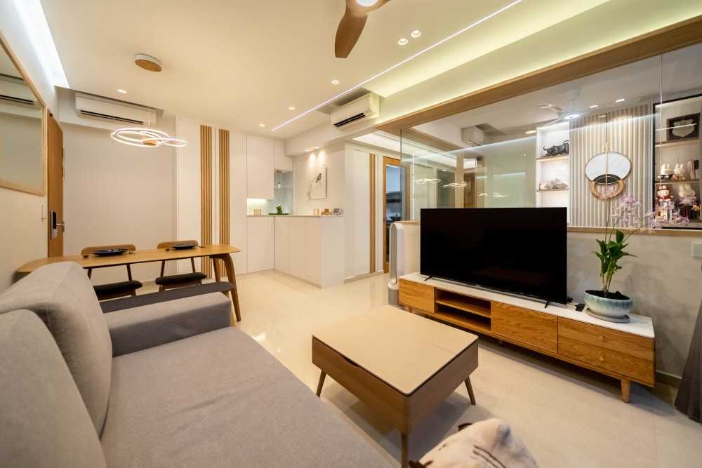 Scandinavian Living Room with TV Console and Feature Wall