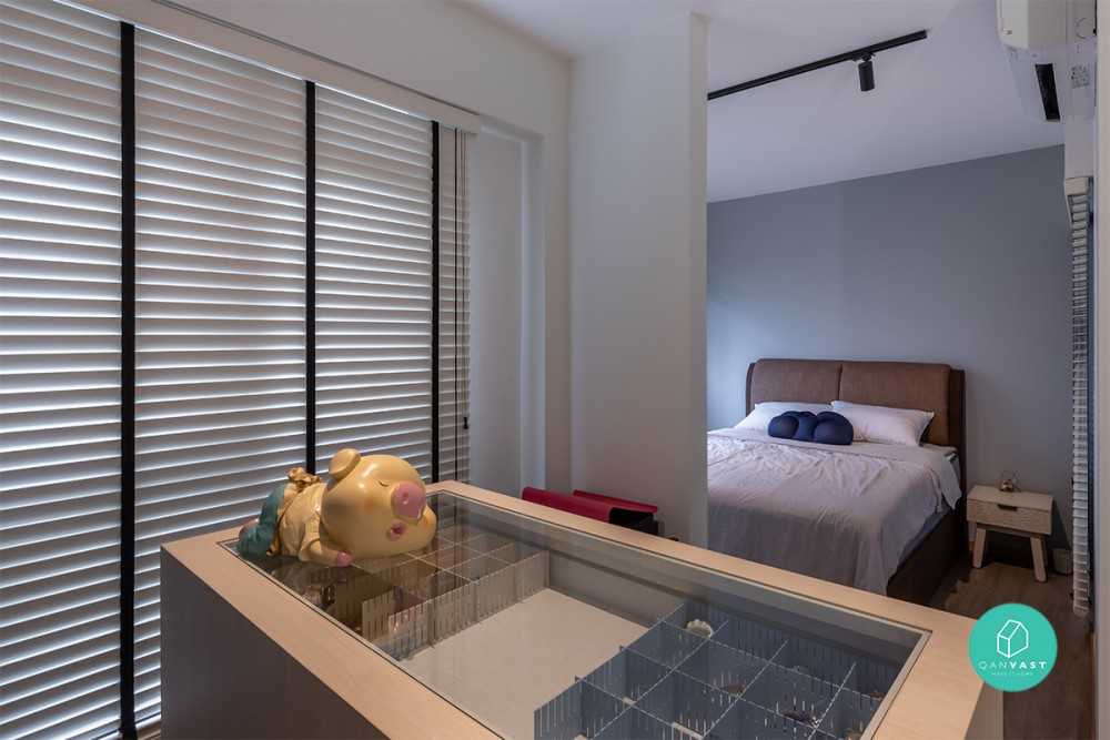 Contemporary Bedroom with Roller Blinds and Bedside Table