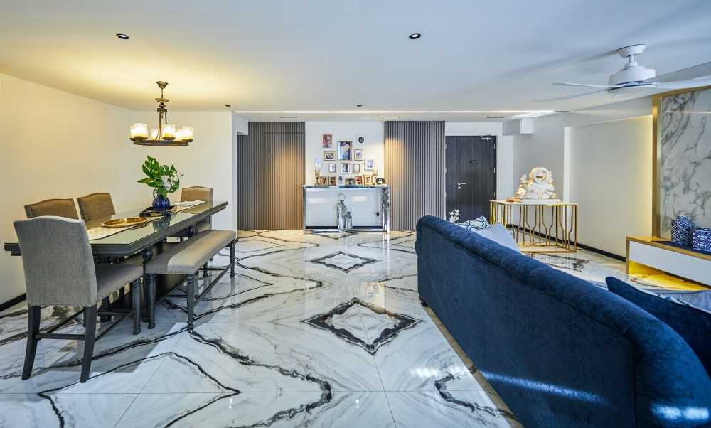 Contemporary Living Room with Marble Floor and Feature Wall