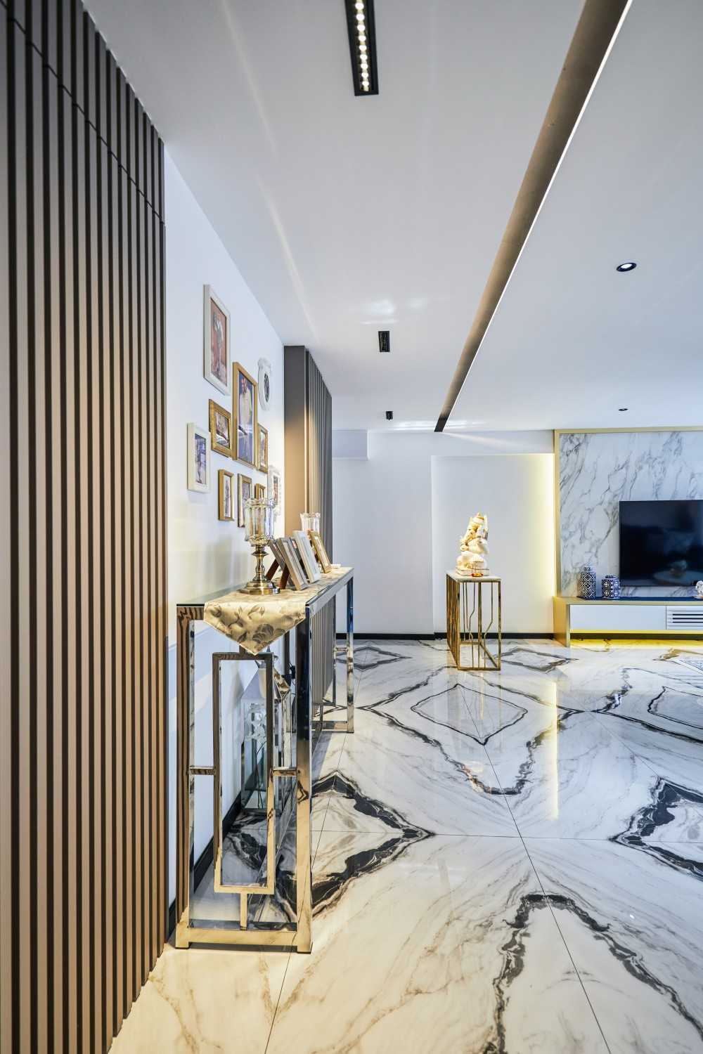 Contemporary Living Room with Marble Floor and Feature Wall