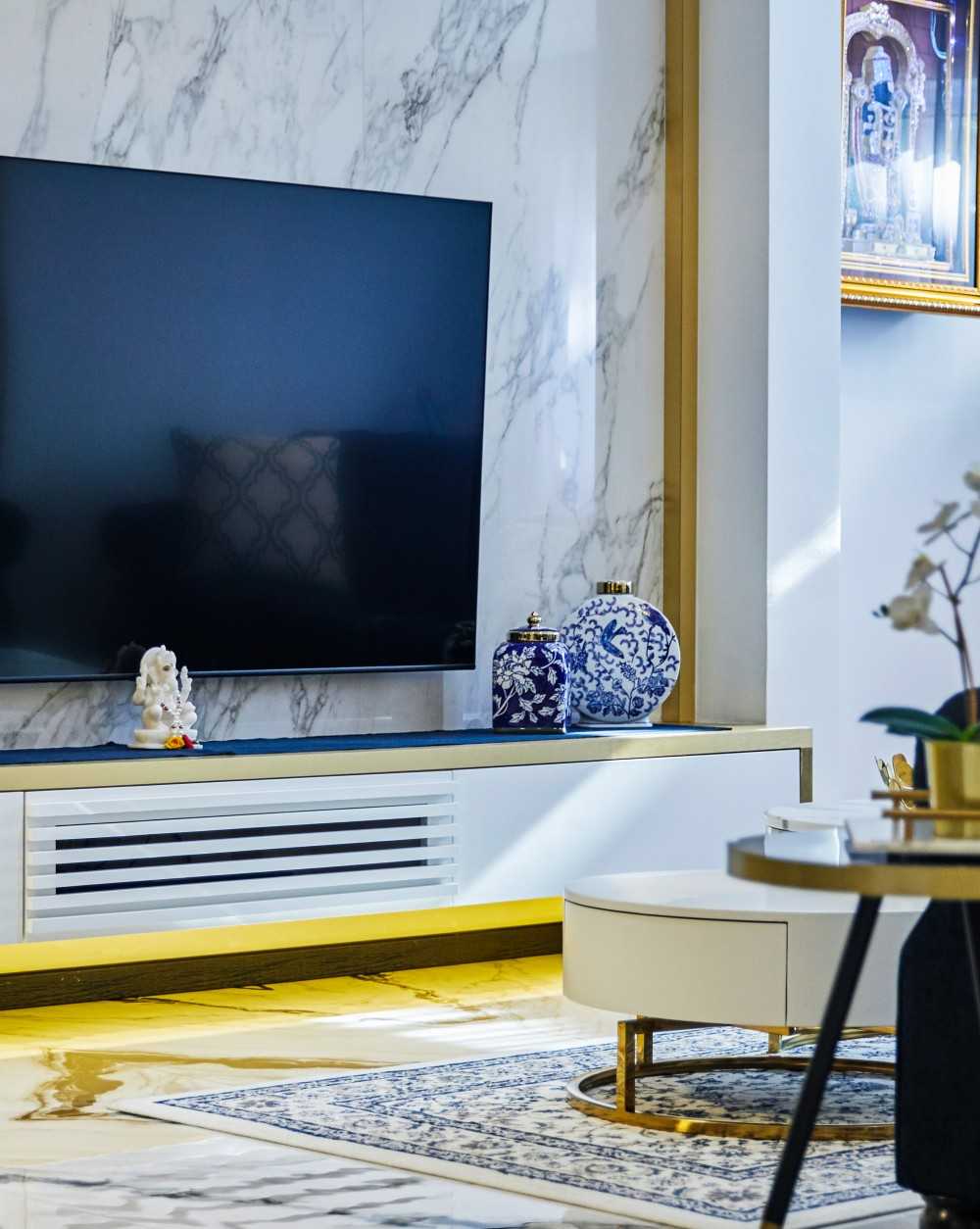 Contemporary Living Room with Marble Floor and TV Console