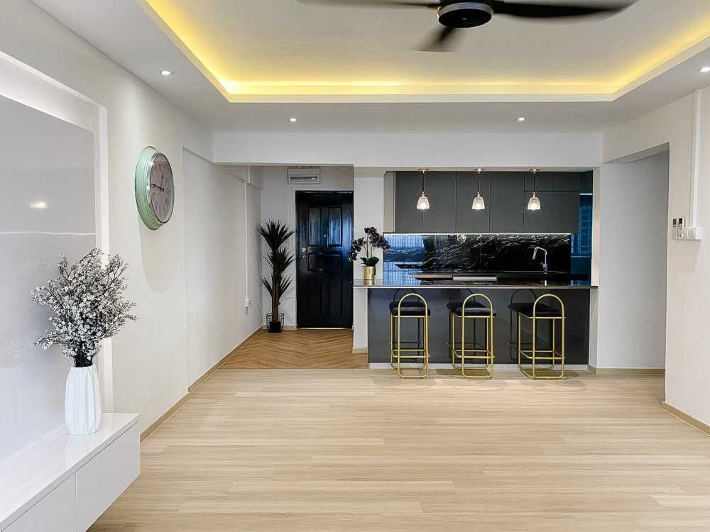 Modern Living Room with Vinyl Flooring and Feature Wall