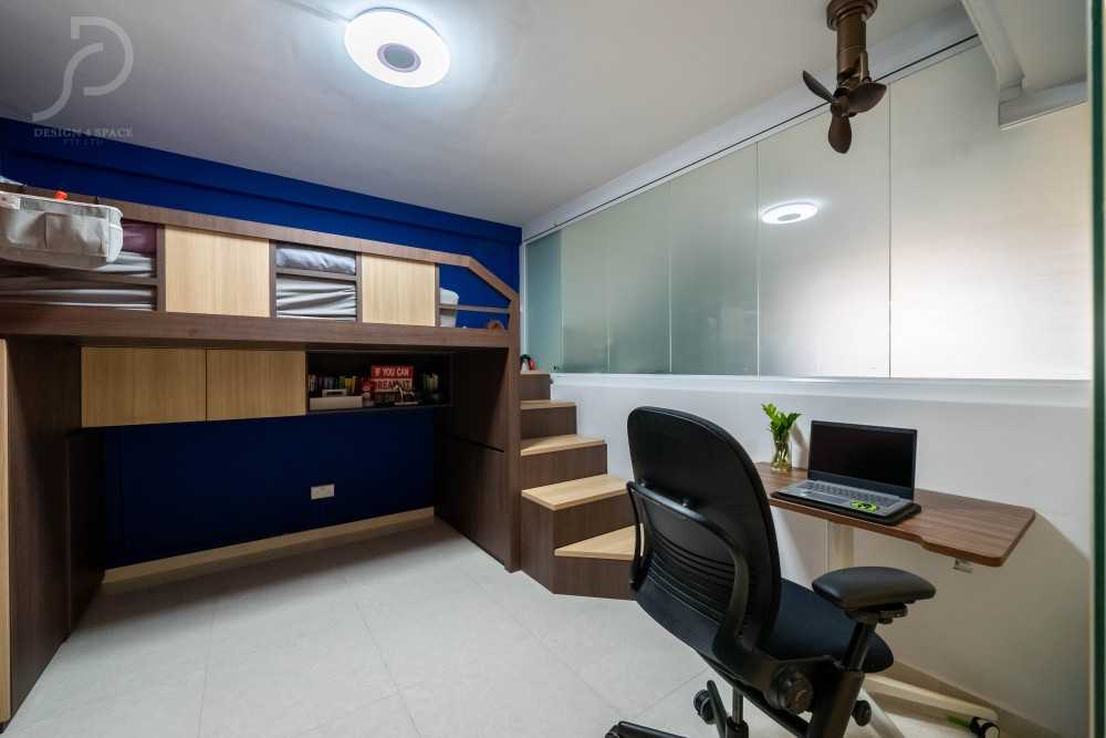 Contemporary Bedroom with Bookshelf and Ceiling Light