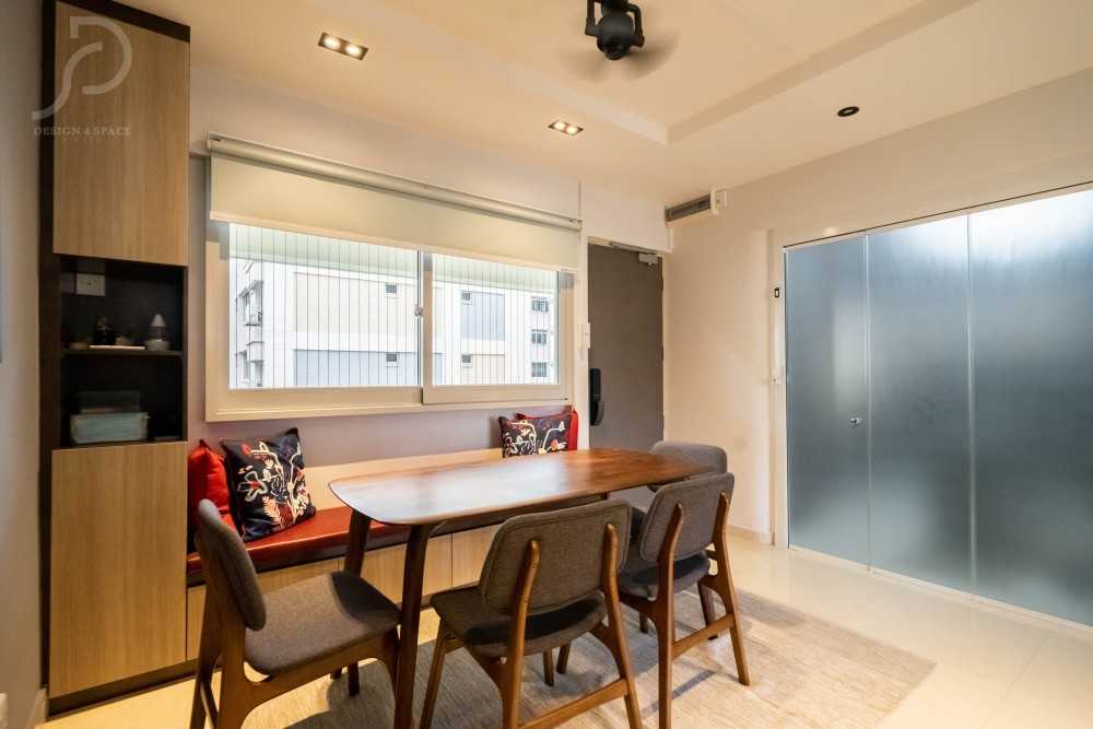 Contemporary Dining Room with Drop Light and Downlights