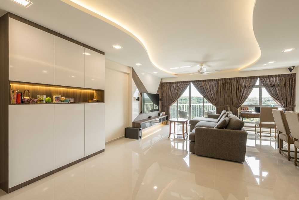 Modern Living Room with Bookshelf and Homogeneous Tiles